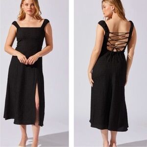 Astr the label black crinkle shoulder midi dress